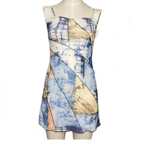 Tan and Blue Sheath Mini Dress with Spaghetti Straps